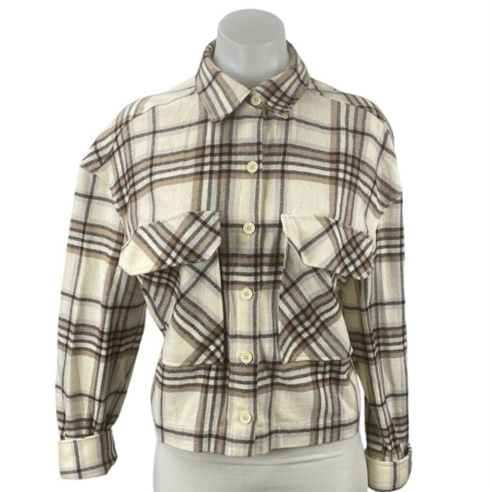 Zara Plaid Check Collared Long Sleeve Crop Button Up Shirt Coat Jacket Top Sz S